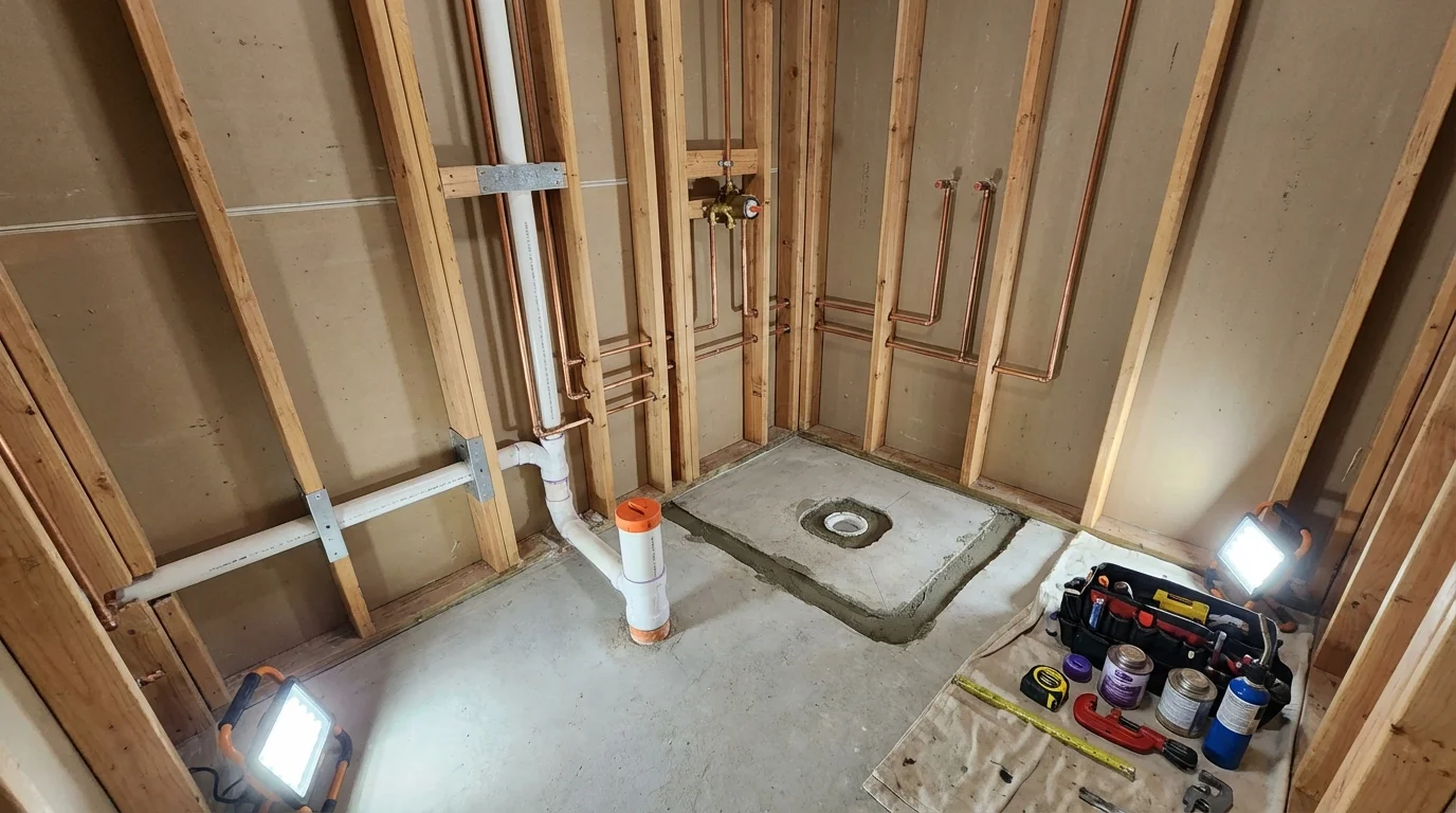 Bathroom rough-in plumbing during remodel by Johns Plumbing LLC in Norwood