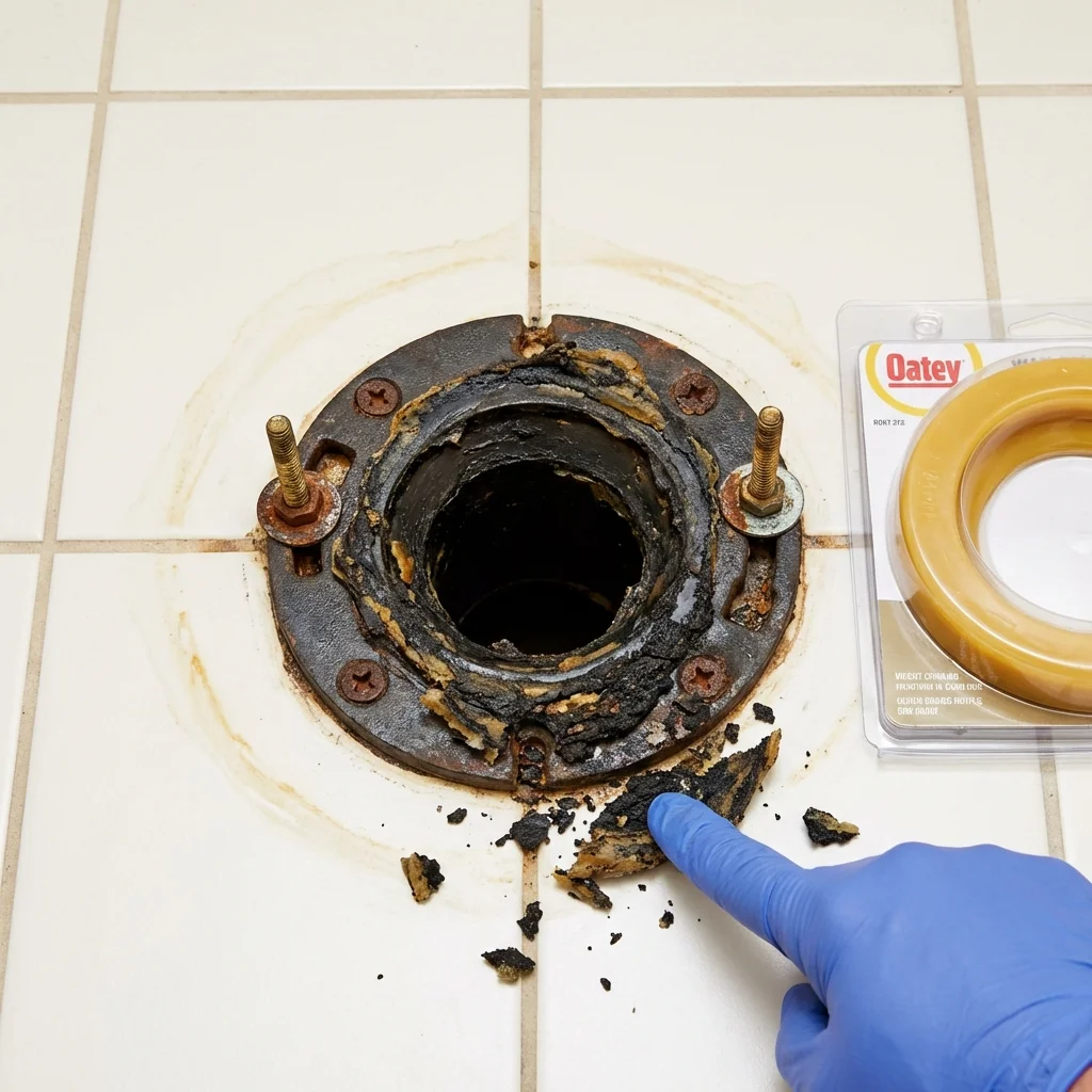 Failed wax ring showing water seepage at the base of a toilet in a Norwood, PA home