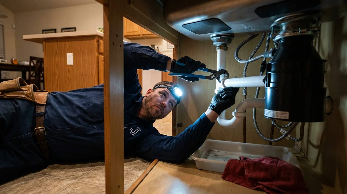 P-trap and supply line connections under a kitchen sink showing a common leak point in Norwood, PA